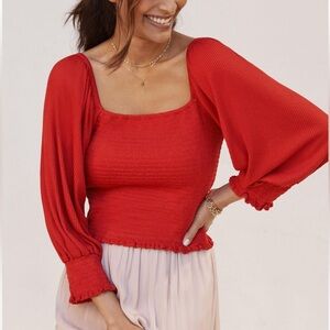 NEW Anthropologie Red smocked long sleeve top
